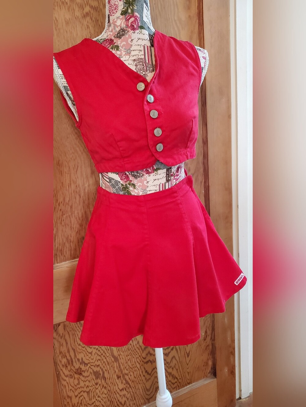 BONGO Cherry Red Two-Piece Mini Skirt/Crop Top Set Size S